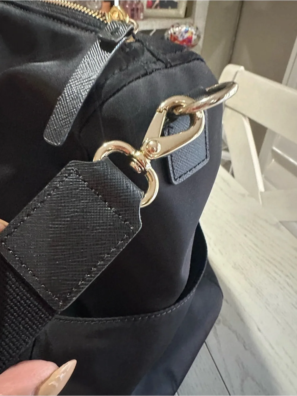 kate spade black nylon duffel with gold hardware